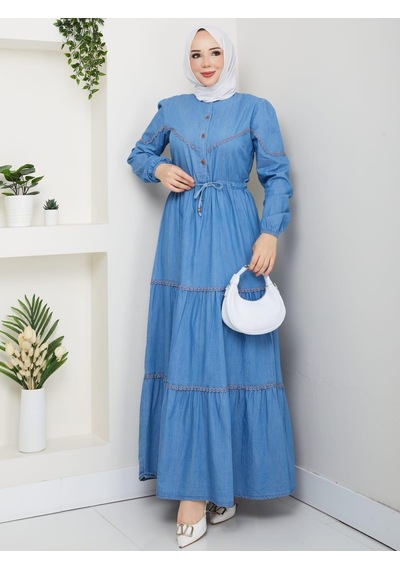 Hb Harma Time Butik Kadın Dantel Detaylı Düğmeli Ve Bağcıklı Açık Kot Mavi Elbise Açık Mavi