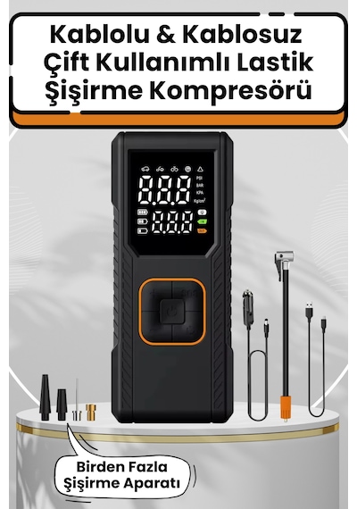 Dijital Göstergeli Led Işıklı Taşınabilir 4500mah Araç Lastik Şişirme Hava Kompresörü Siyah