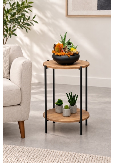 Sehpol Yuvarlak Tablalı İki Raflı Sehpa Q42x60 Cm Antrasit - Atlantik Çam
