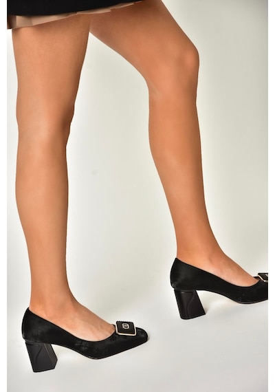 Fox Shoes U820954404 Siyah Kumaş Kalın Topuklu Kadın Ayakkabı Siyah