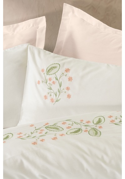 Cotton Box Nakışlı Saten Çift Kişilik Nevresim Takımı Fleurine Somon