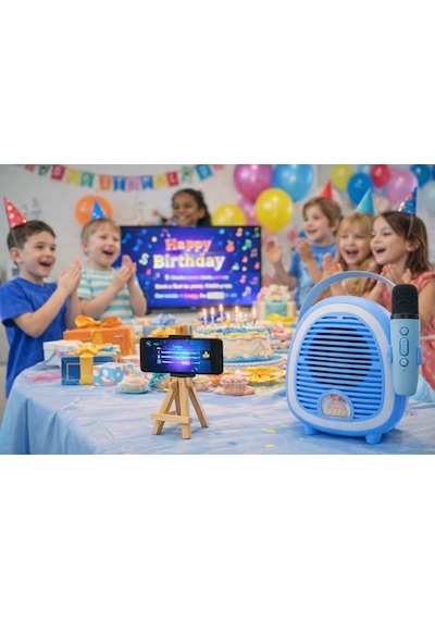 Çocuklara Özel Retro Tasarımlı Bluetooth Karaoke Mikrofon Ve Ahşap Tripodlu Mavi