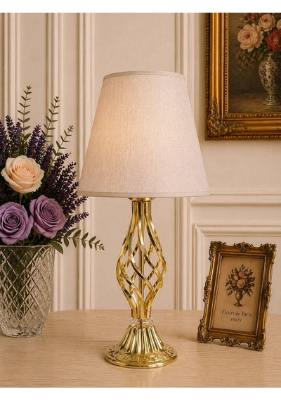 Vizon Kumaş Başlık Gold Burgulu Metal Ayak Modern Abajur 50x25cm