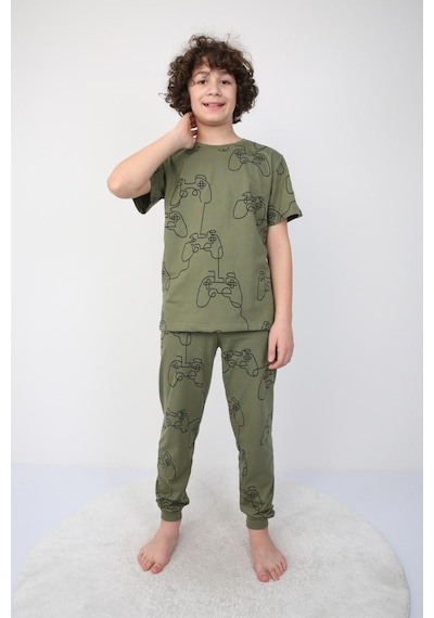 Kısakollu Play Console Desenli Erkek Çocuk Pijama Takımı Alt-üst Haki