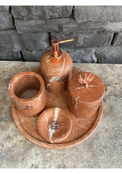 Gül Pembesi Mermer 5'li Banyo Takımı Özel Seri Yeni Mermer Beyaz