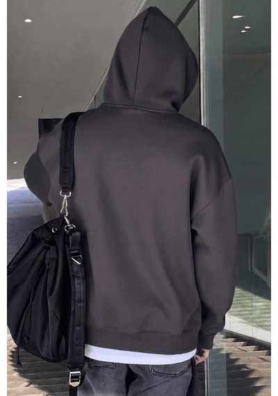 Genius Store Erkek Sweatshirt Kanguru Cepli İçi Polarlı 3 İplik Kapüşonlu Oversize Sweatshirt Kanguru-sweatshırt Füme