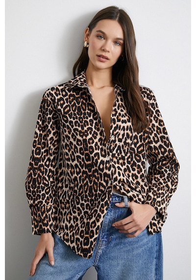 Never More Leopar Desenli Poplin Gömlek Bej Bej
