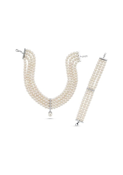 6,5 Mm Choker Zirkon Taşlı Doğal İnci Kolye Bileklik İkili Set