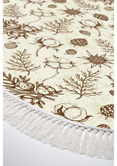 Alanur Home Kaymaz Dijital Mutfak & Salon Halı Trend Saçaklı Oval Vintage Al5012 Bej