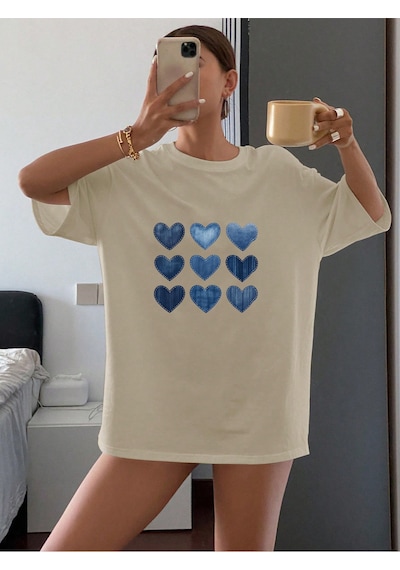 Uyguntarz Unisex Jean Desenli Kalp Tasarım Basklı Tshirt Bej