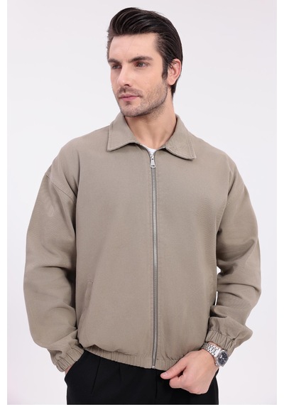 Erkek Gabardin Kumaş Fermuarlı Oversize Mevsimlik Ceket-144 Haki