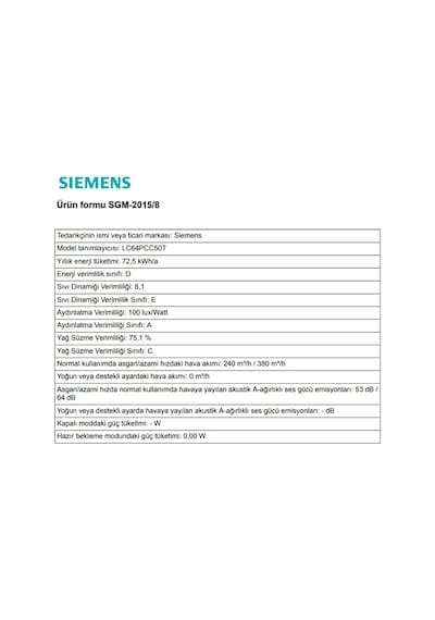 Siemens LC64PCC50T Ankastre Duvar Tipi 60 CM Davlumbaz