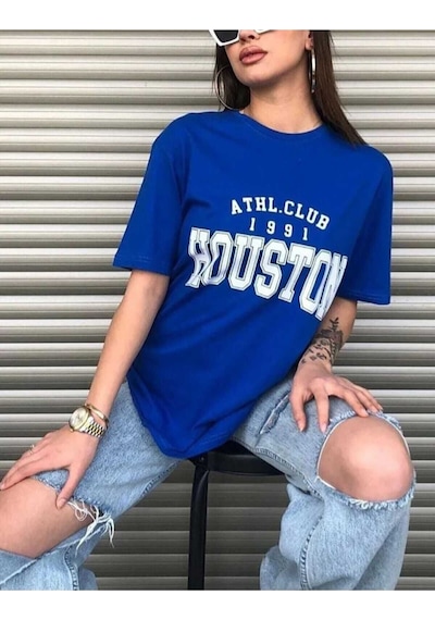 Kozia Outdoors Malkoçbey Houston Baskılı Oversize Unisex Basic T-sihirt Saks Mavi