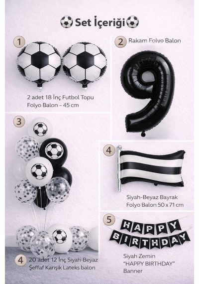 Siyah Beyaz Futbol Temalı 9 Yaş Doğum Günü Balon Seti Beyaz - Siyah