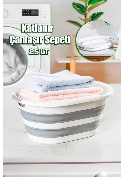 Porsima 1065 25 Lt Akordiyon Sepet Katlanabilir Çamaşır Sepeti Beyaz - Gri