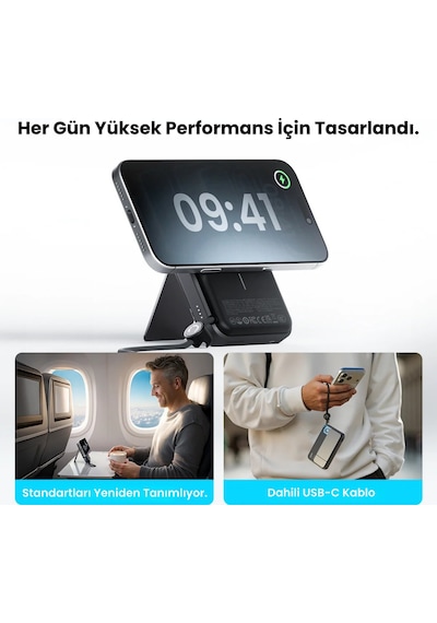 Sharge Icemag 3 Soğutucu Fanlı Standlı 10000 Mah Qi2 25w Magsafe Uyumlu Şeffaf Powerbank, Dahili Kablolu Hızlı Şarj Cihazı Siyah