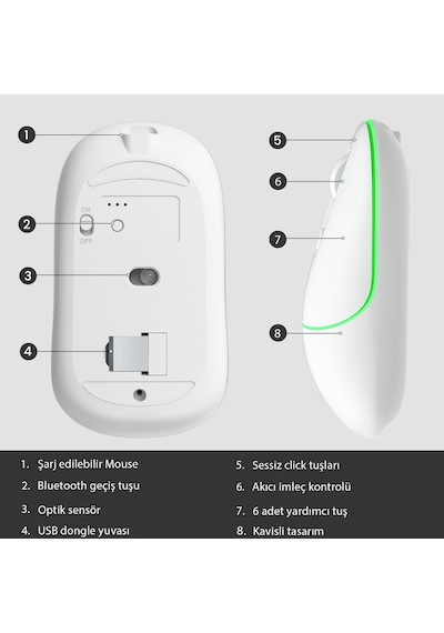 Lecoo WS210 Kablosuz 1600DPI 6 Tuşlu Çift Modlu RGB Şarj Edilebilir Sessiz Mouse