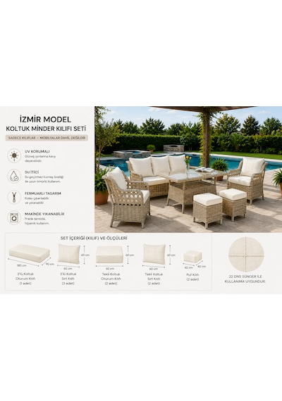 Rattan Bahçe Ve Balkon Takımı 3+1+1 Minder Kılıfı Seti Kırık Beyaz