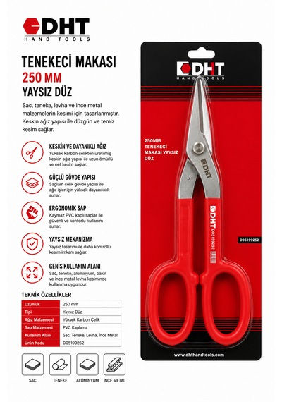 Dht 250 Mm Yaysız Düz Tenekeci Makası Profesyonel Sac Metal Levha Kesme Makası