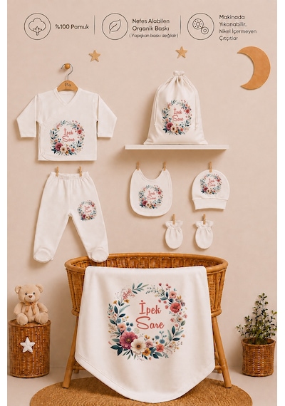 Pia Baby Kız Bebek İsimli Hastane Çıkışı 8 Parça Zıbın Seti %100 Pamuk Battaniye Yastık Kılıfı Keseli 1069zybk3x Krem