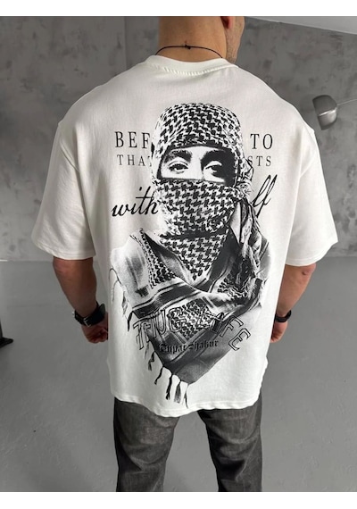 Erkek Kısa Kol Tişört Bisiklet Yaka Filistin Poşulu Baskılı T-shirt - Beyaz