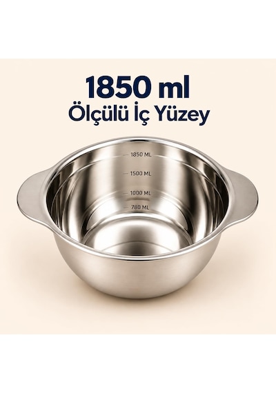 Paslanmaz Çelik 1850 Ml Ölçülü Kap 25 Cm, İç Ölçek Çizgili Büyük Boy Karıştırma Ve Hazırlık Kabı, Çift Yan Tutamaçlı Mutfak Ölçü Kabı Çok Renkli
