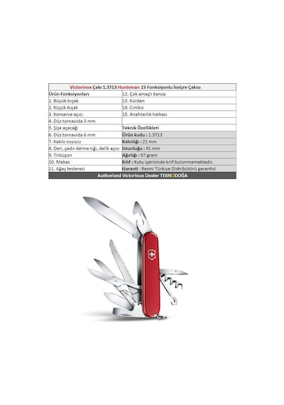 Victorinox Kamp Çakı 1.3713 Huntsman 15 Fonksiyon Kırmızı İsviçre Kırmızı
