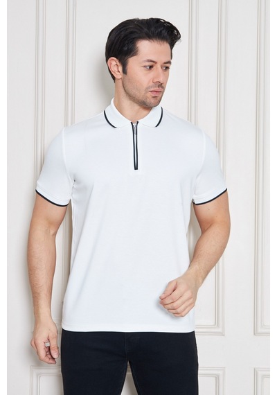 Erkek Jeuss Oysho Kumaş Fermuarlı Yakalı Beyaz Tshirt