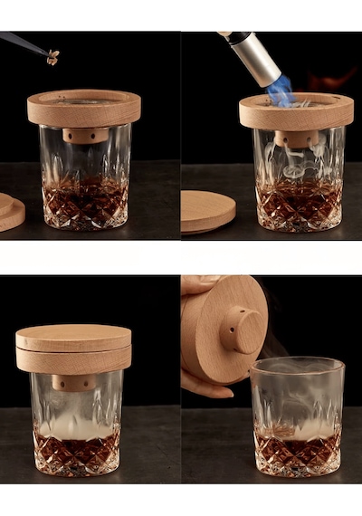 Premium Viski Tütsüleme Seti Ahşap Kapaklı Cam Smoke Infuser, Kokteyl Aromalandırma