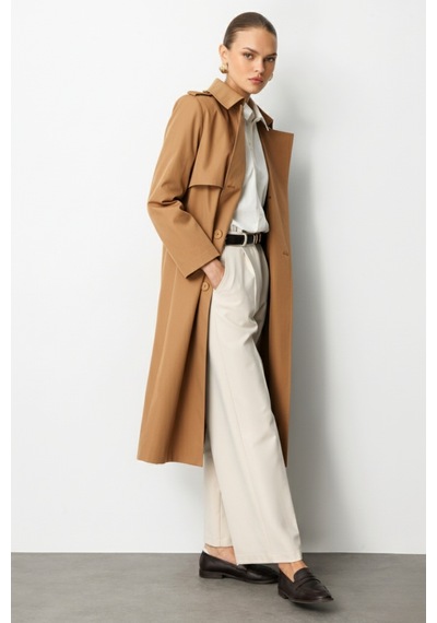 Mizalle Camel Apoletli Klasik Maxi Mac Trençkot CAMEL