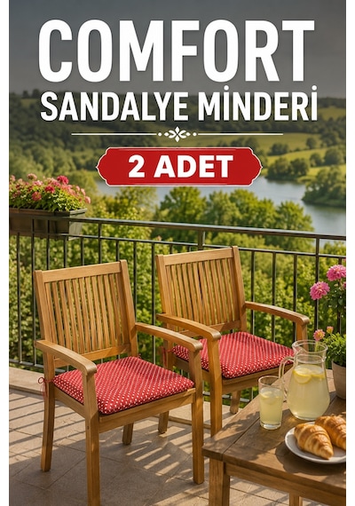 Comfort 2 Adet Sandalye Minderi Bağcıklı Özel Dikişli Süngerli Pamuklu Kumaş Sandalye Minderi Puanlı Kırmızı