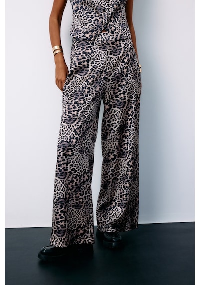 Sateen Leopar Desenli Saten Pantolon - Gri-135185 Gri