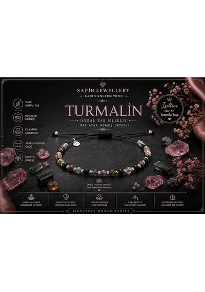 Turmalin Doğal Taşlı 4mm - 925 Ayar Gümüş Toplu Makrome İpli Kadın Bileklik – Hediye Kutulu