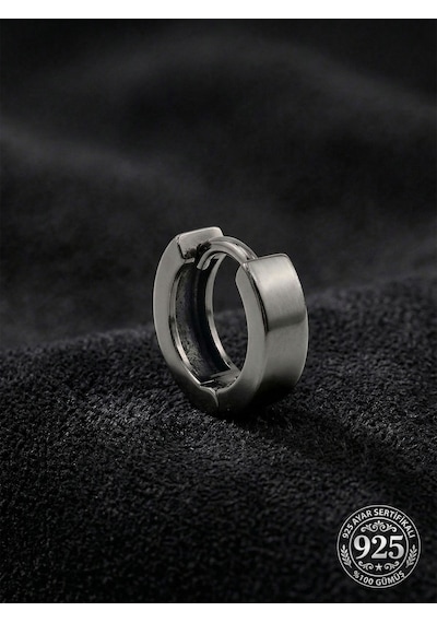 925 Ayar Gümüş Siyah Rodajlı Yuvarlak Erkek Huggie Halka Küpe - Tek 4x11mm