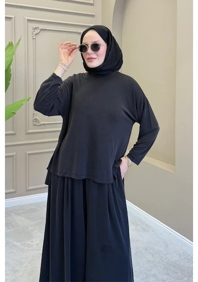 Balenbi Kadın Modal Kumaş Oversize Bol Paça Pantolon Rahat Kalıp İkili Tesettür Takım 1222 - Premium Seri Siyah Balenbi Kadın Modal Kumaş Oversize Bol Paça Pantolon Rahat Kalıp İkili Tesettür Takım 1222 - Premium Seri Siyah