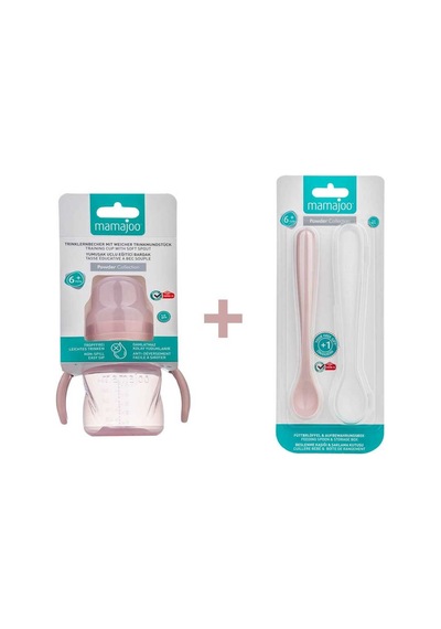 Mamajoo Antikolik Akıtmaz Alıştırma Bardağı 160 ml & İkili Ergonmik Beslenme Kaşığı - Powder Pink