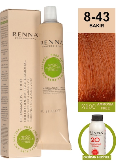 Renna Bitkisel Amonyaksız Saç Boyası 60 Ml 8-43 Bakır Oksidan Hediyeli