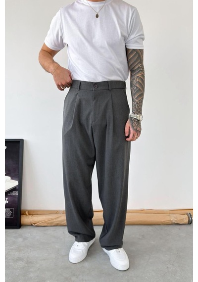 Koyu Gri Pileli Baggy Kumaş Pantolon