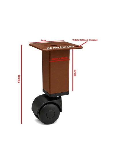 4 Adet 15cm Boy Kahve Kare Plastik Tekerlekli Mobilya Sehpa Ayağı Beyaz