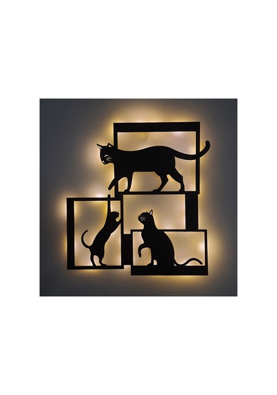 Led Işıklı Çerçeveli Kediler Dekoratif Tablo Balkon Duvar Dekorlu Gece Lambası Sarı - 737217534 Sarı