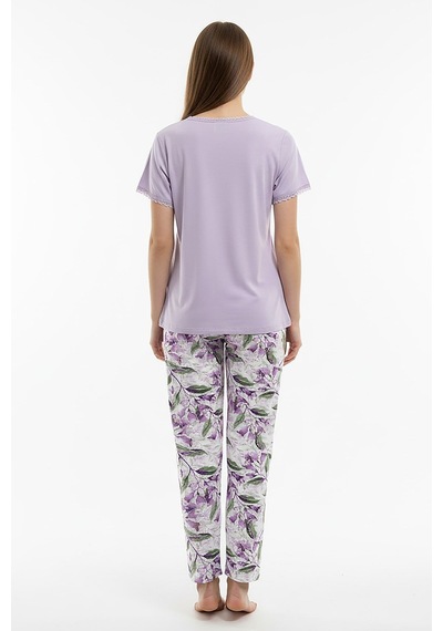 Kompedan Kadın Ring Viskon V Yaka Altı Desenli Kısa Kol Pijama Takım Lila 40113-4118