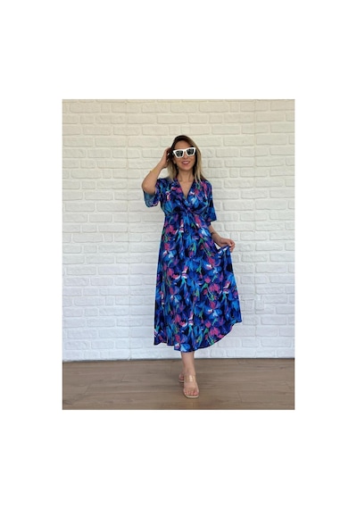 Asur Boutique Asur Butik Kadın Çiçek Desenli Renkli Viskon Kumaş Yırtmaçlı Elbise Mor
