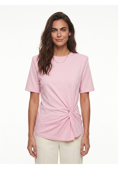 Onloox Kadın Pembe Pembe Yumuşak Dokulu Kısa Kollu Rahat Kalıp Vatkalı Omuz Yanı Düğüm Detaylı T-shirt