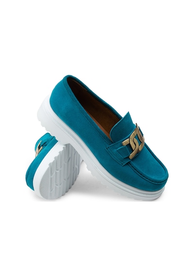 Deery Hakiki Süet Turkuaz Rengi Tokalı Loafer Kadın Ayakkabı - 01902ztrkp01 Turkuaz