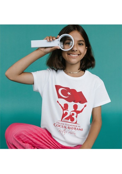 Alpşan Ticaret 23 Nisan Çocuk Bayramı Baskılı Çocuk Tişört 23 Nisan T-shirt 50 Beyaz