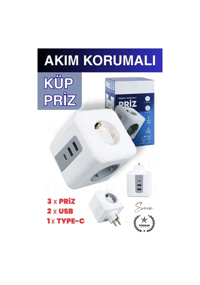 Premium 3'lü Duvar Çocuk Ve Akım Korumalı Isıya Dayanıklı Çoklu Küp Priz Usb Type-c Girişli Topraklı Diğer