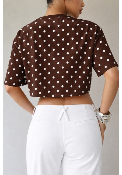 Hımmelduf Kadın Puantiye Desenli Crop Tişört Basic Oversize Yazlık Bluz Kahverengi