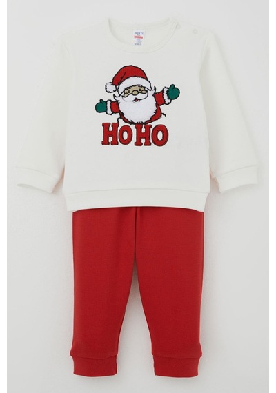 Breeze Erkek Bebek Pijama Takımı Omuzdan Patlı Peluş Sakallı Hoho Noel Baba 4 Ay-1 Yaş, Ekru Ekru