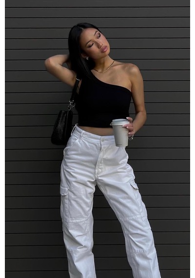 Seeh Siyah Tek Omuzlu Kadın Crop Sh146