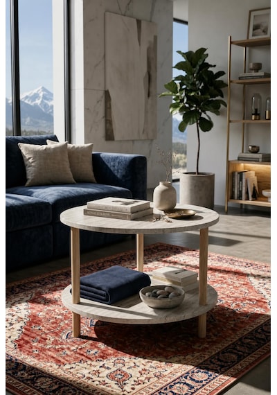 Oval Modern Kolay Kurulum İki Katlı Yuvarlak Orta Sehpa Raflı Şık Dayanıklı Traverten